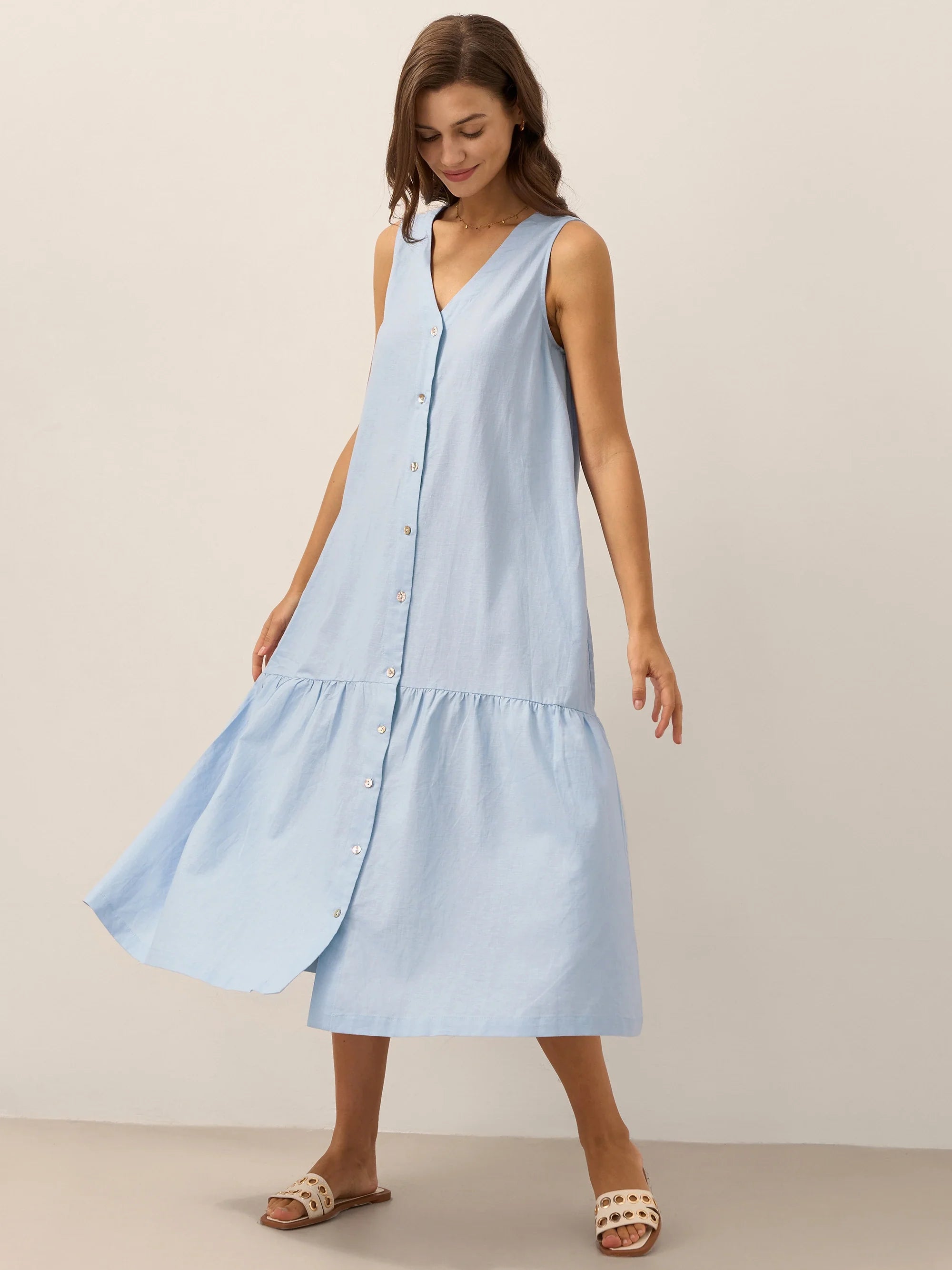 Linen Vacation Sleeveless V-Neck Mid-Length Dress CELINE