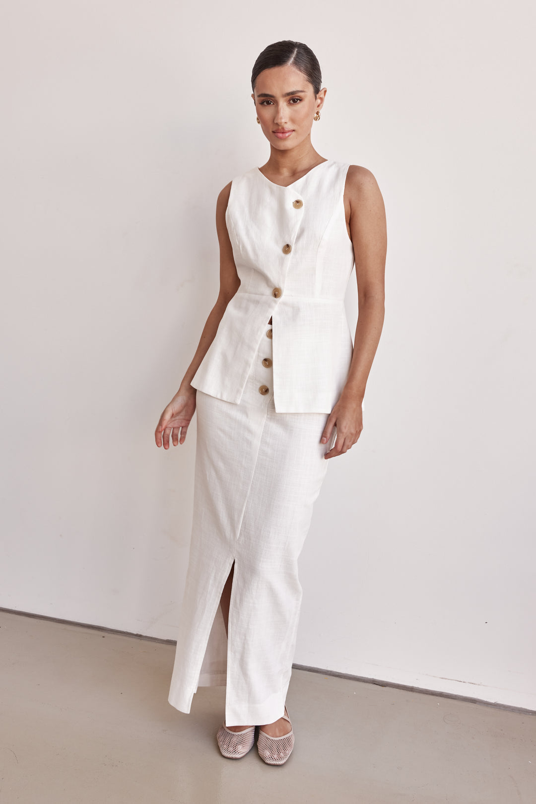 Linen Vest - Off-White Peplum Linen Vest For Women