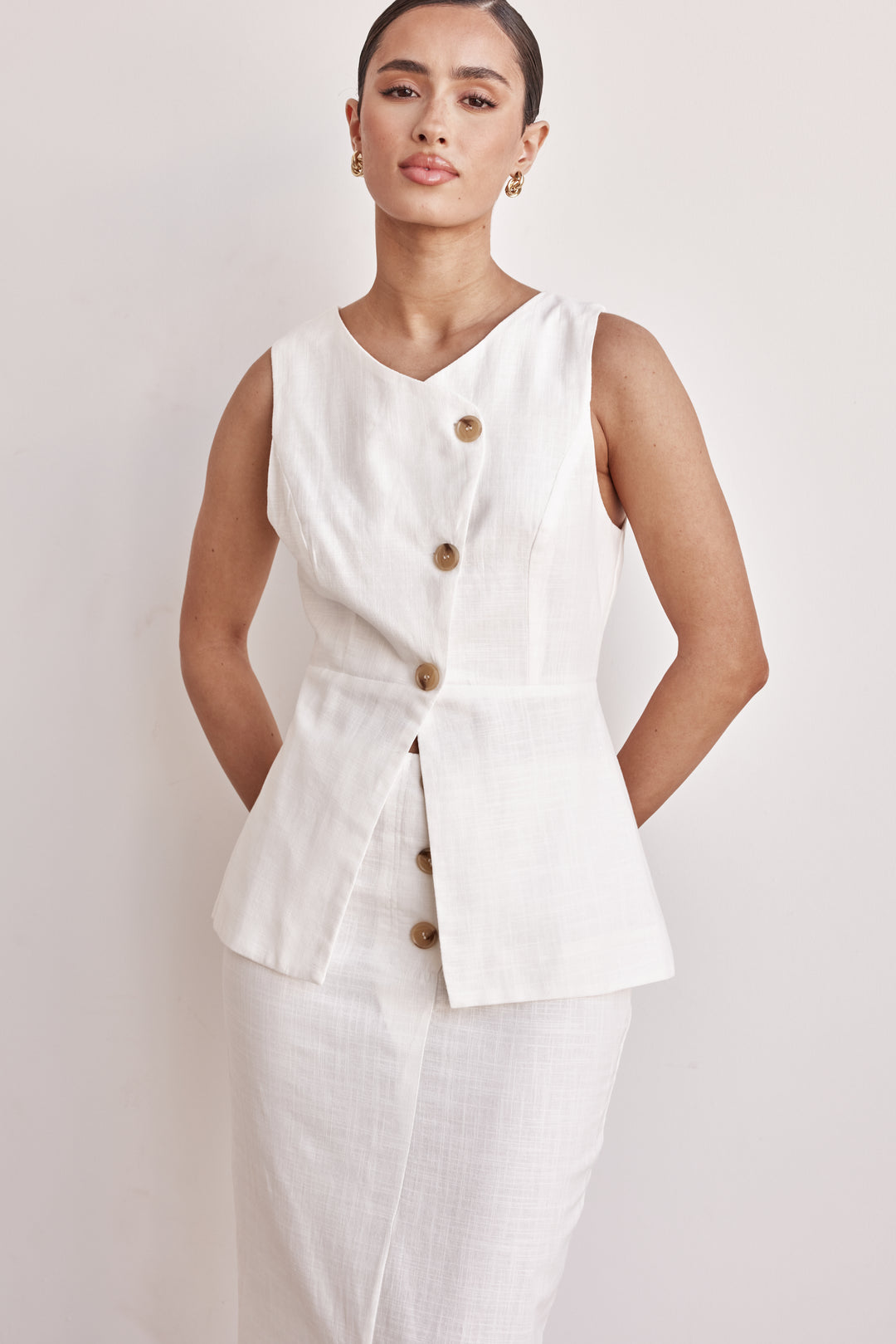 Linen Vest - Off-White Peplum Linen Vest For Women