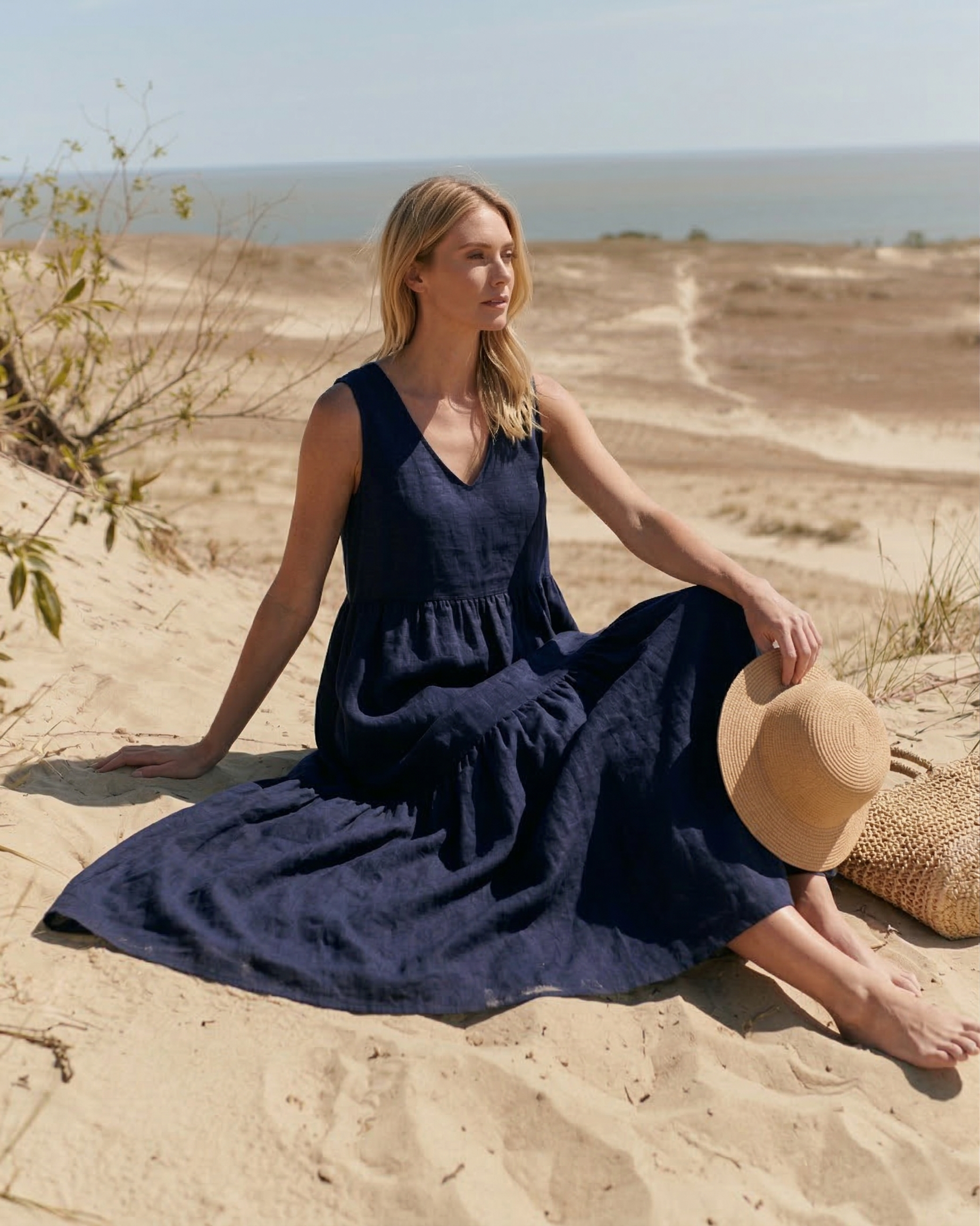 Navy Blue Linen Tiered Maxi Dress