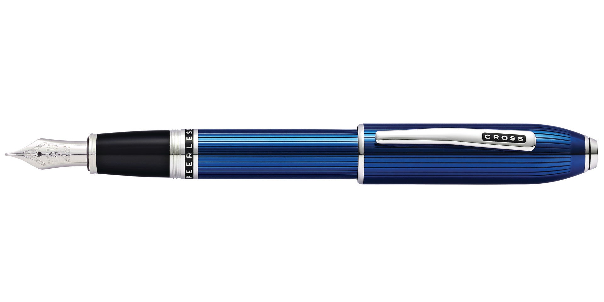 Peerless™ Translucent Quartz Blue Engraved Lacquer with Platinum Plated Appointments and Rhodium Plated 18KT Solid Gold Fine Nib Fountain Pen