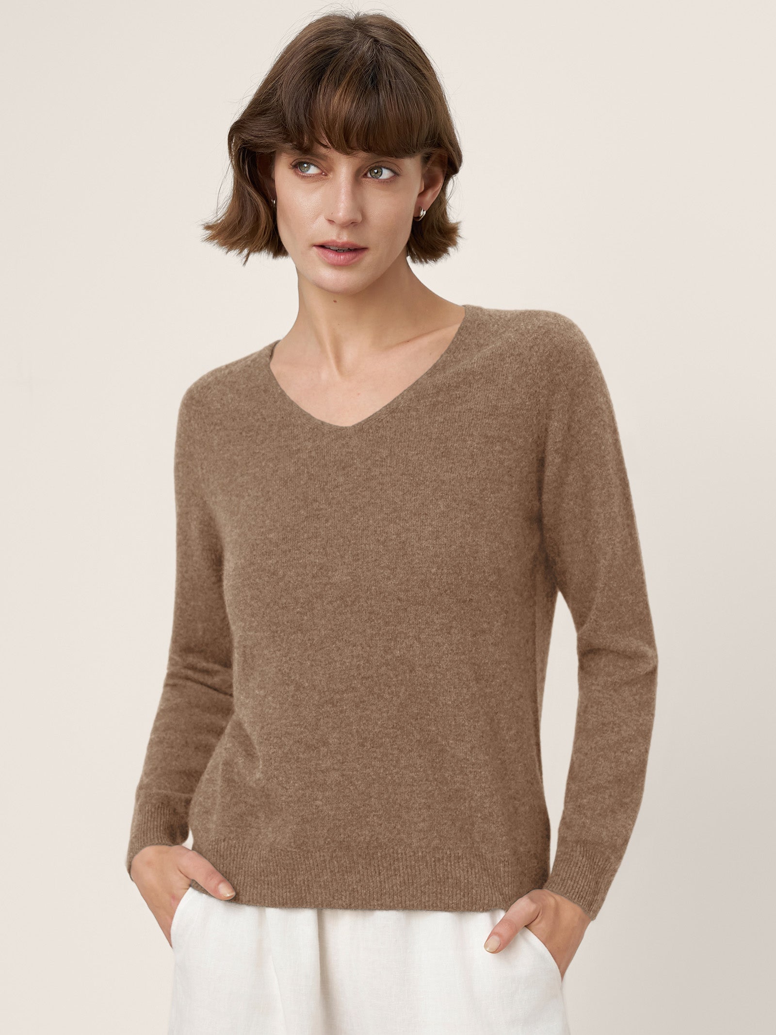 Premium Cashmere Blend Hand-Finished Seamless V-Neck Sweater SURI