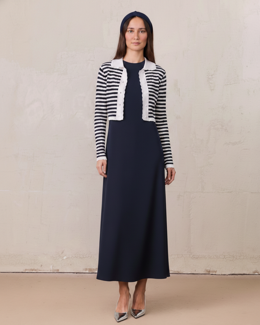 Striped Scalloped Edge Cardigan-Navy/White-2
