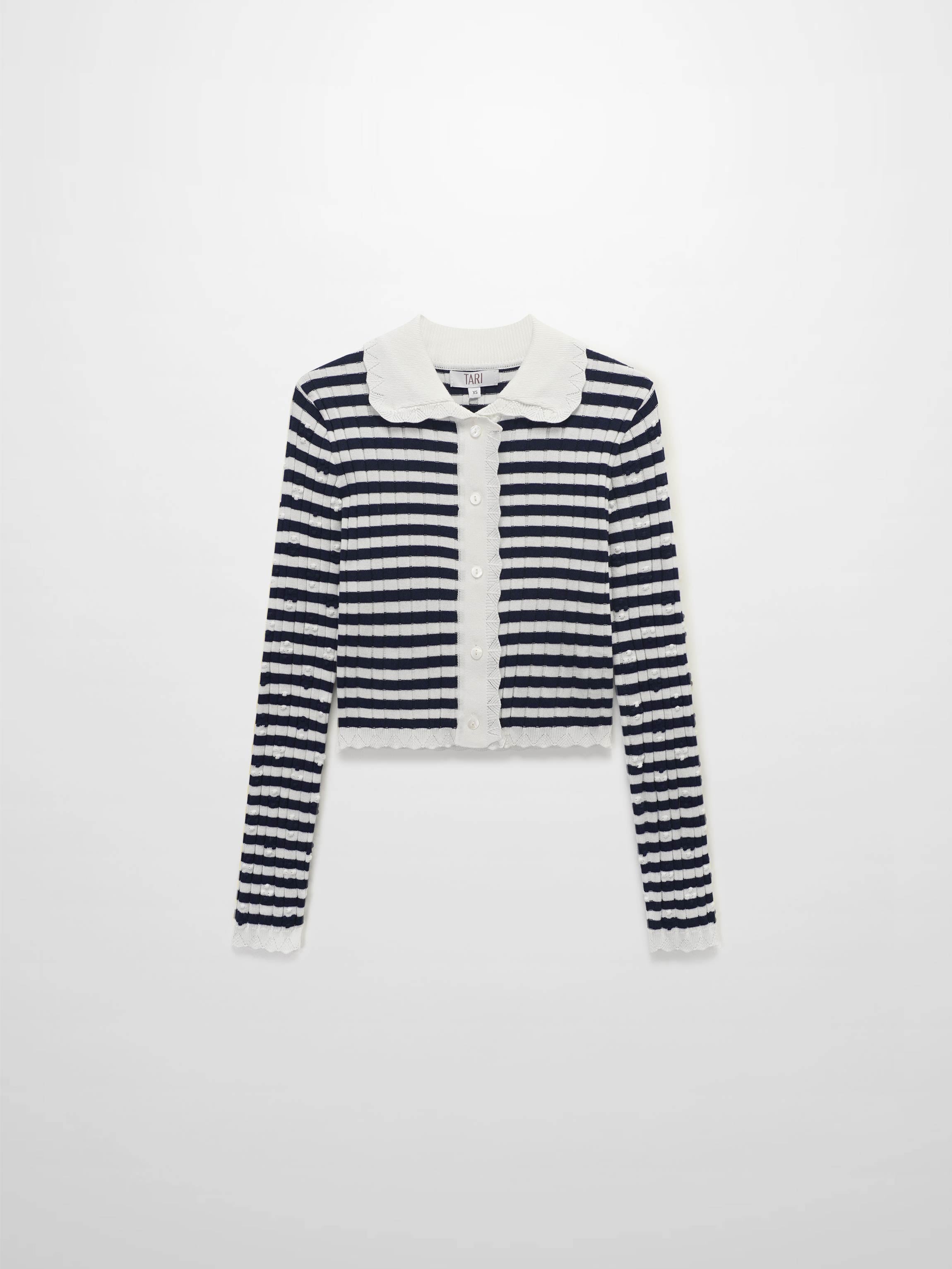 Striped Scalloped Edge Cardigan-Navy/White-4