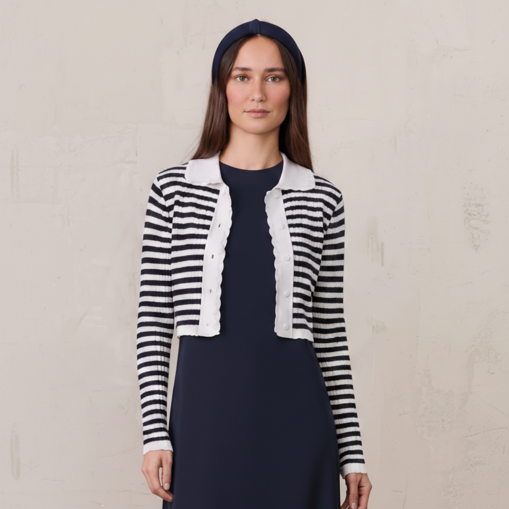 Striped Scalloped Edge Cardigan-Navy/White-0