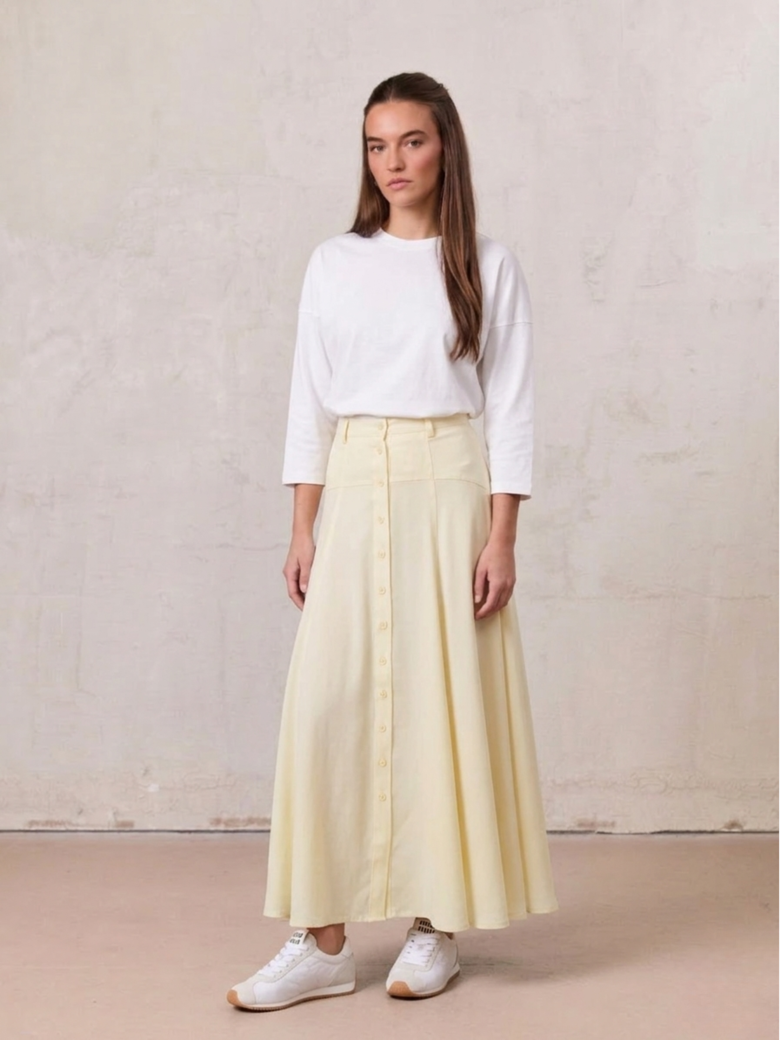 Tencel Yoke Button Down Skirt-Butter Yellow-0