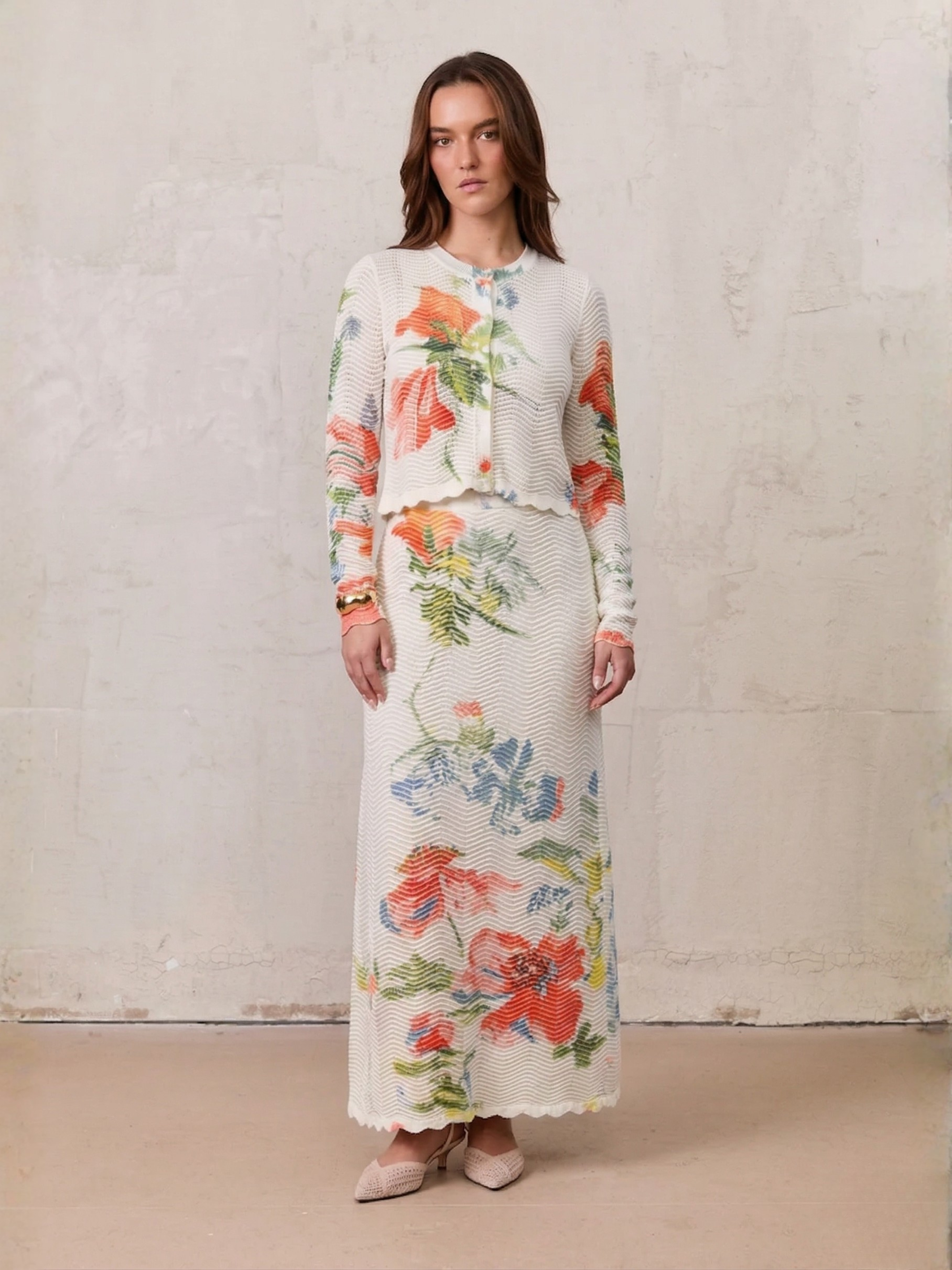 Wave Design Slip Dress-Coral Flower-0