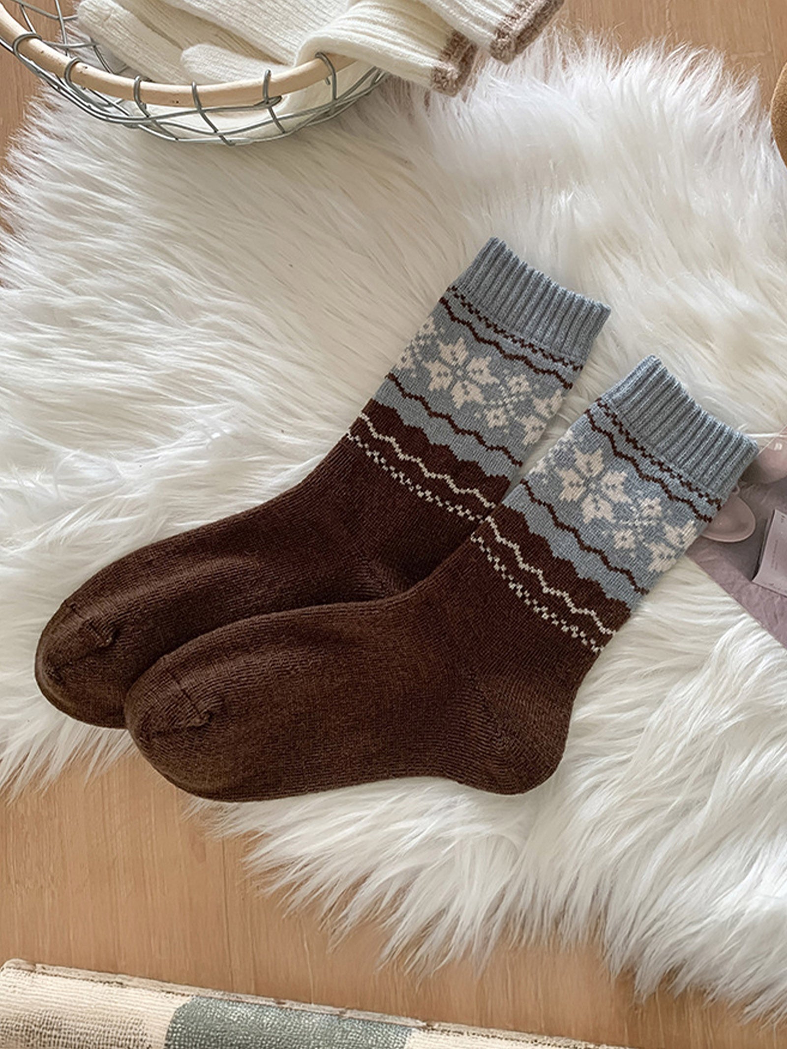 Wool Fair Isle Ethnic Jacquard Thick Slouch Mid-Calf Socks