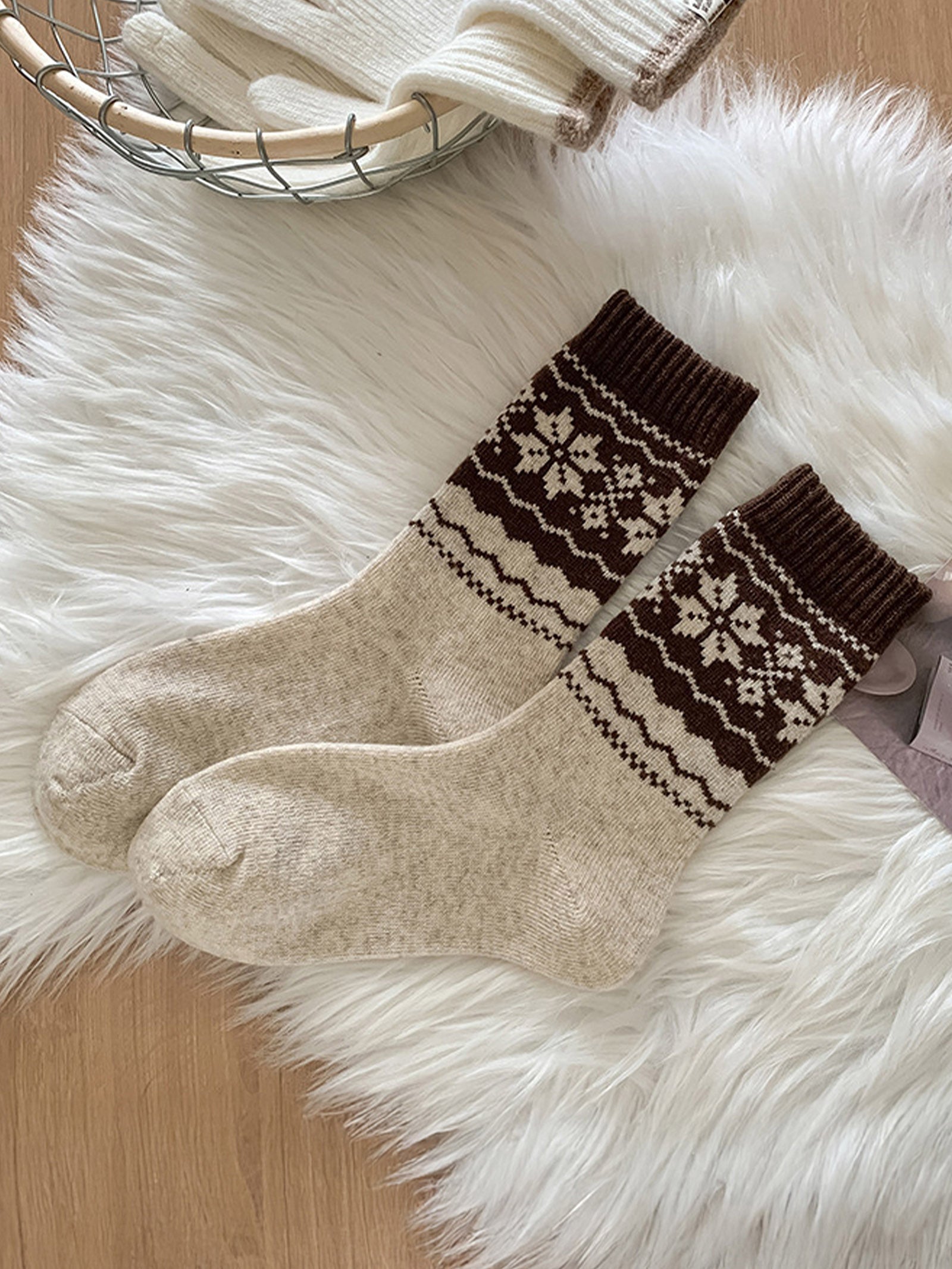 Wool Fair Isle Ethnic Jacquard Thick Slouch Mid-Calf Socks