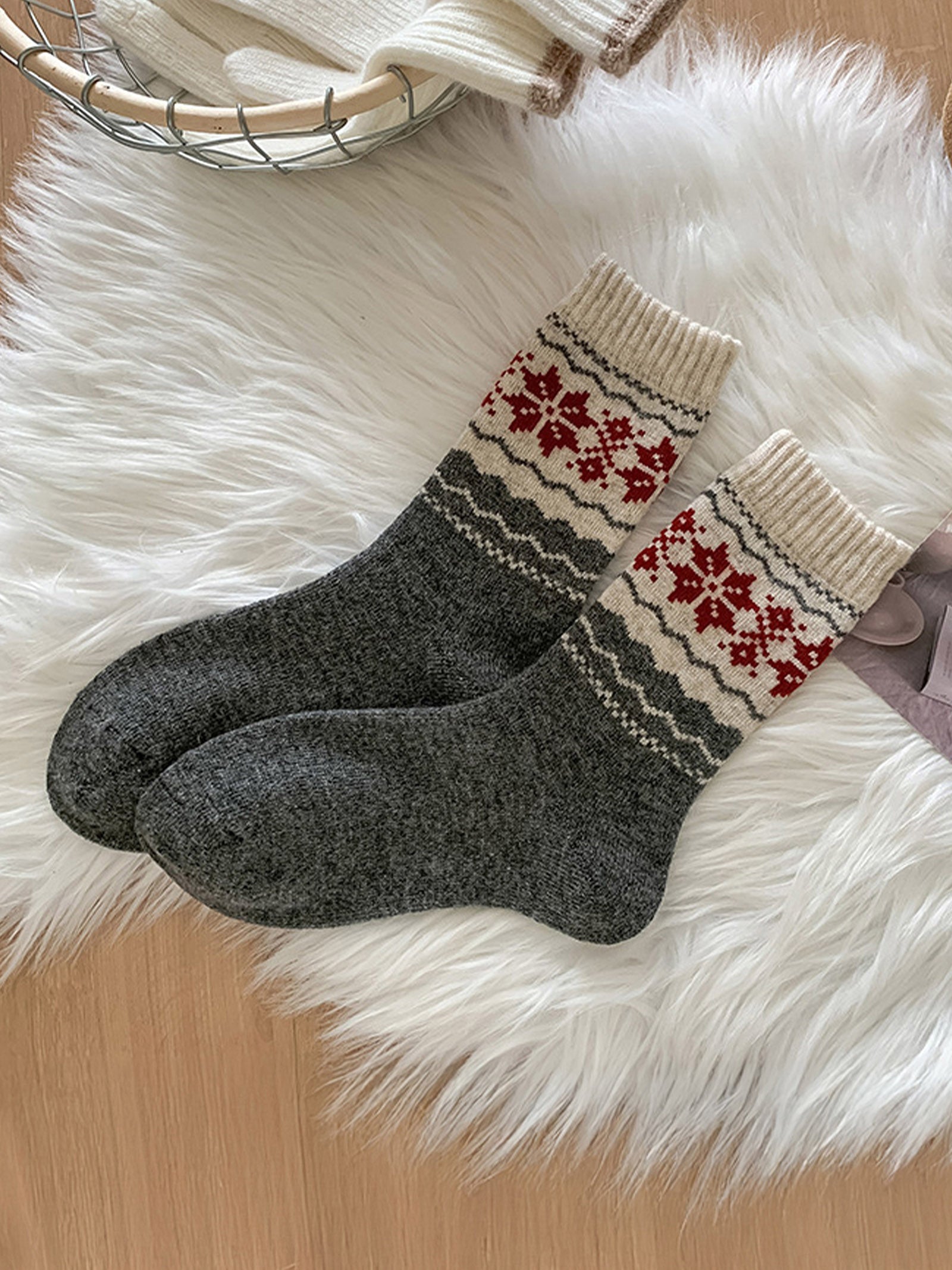Wool Fair Isle Ethnic Jacquard Thick Slouch Mid-Calf Socks