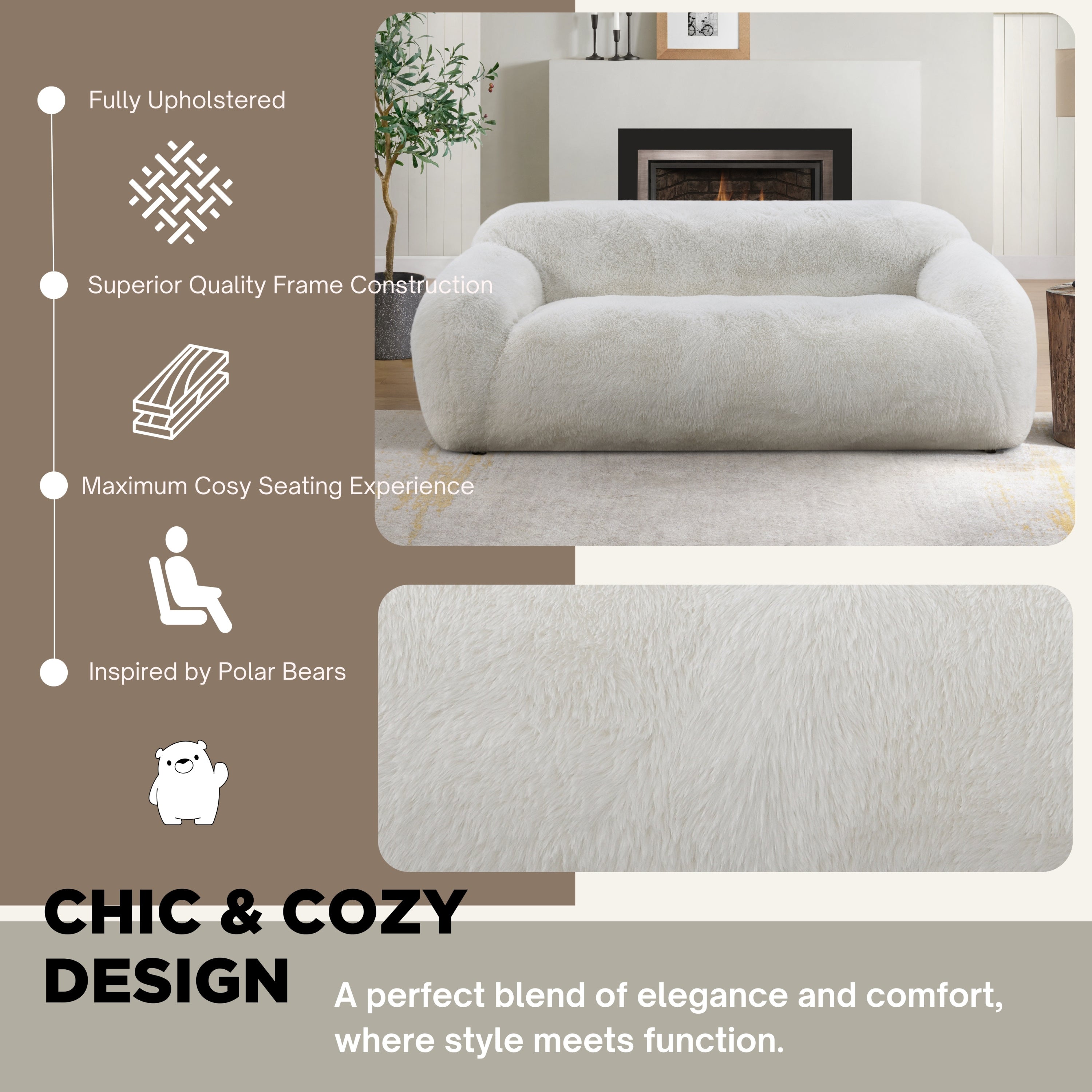 Adell Polar Bear 2-Piece Faux Fur Living Room Set with Sofa &amp; Swivel Cuddle Chair – Ivory White