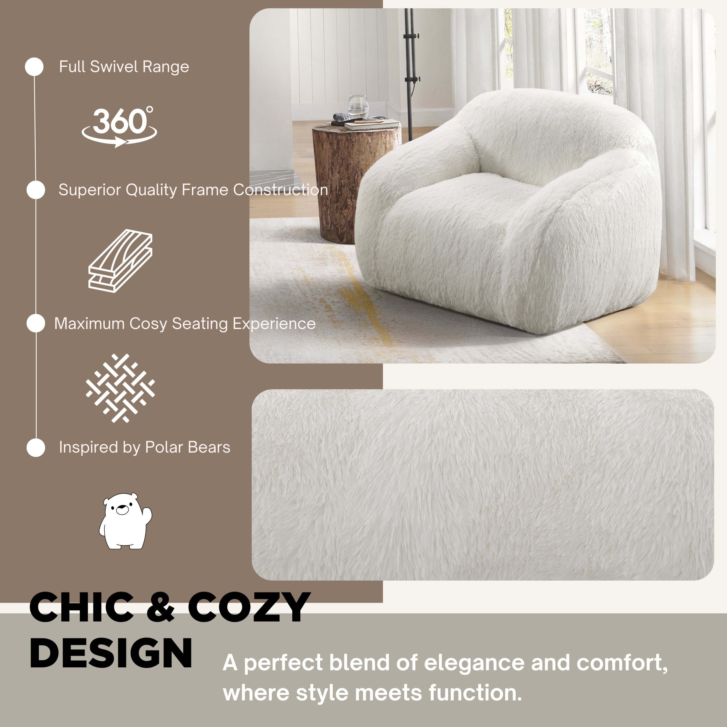 Adell Polar Bear 2-Piece Faux Fur Living Room Set with Sofa &amp; Swivel Cuddle Chair – Ivory White
