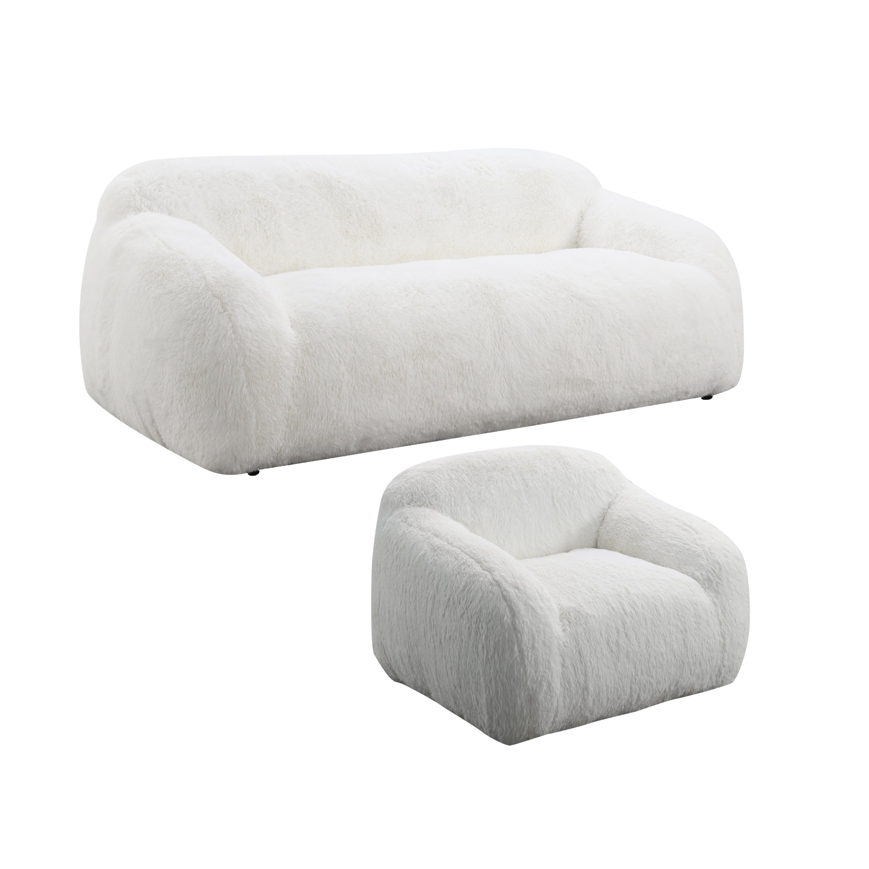 Adell Polar Bear 2-Piece Faux Fur Living Room Set with Sofa &amp; Swivel Cuddle Chair – Ivory White