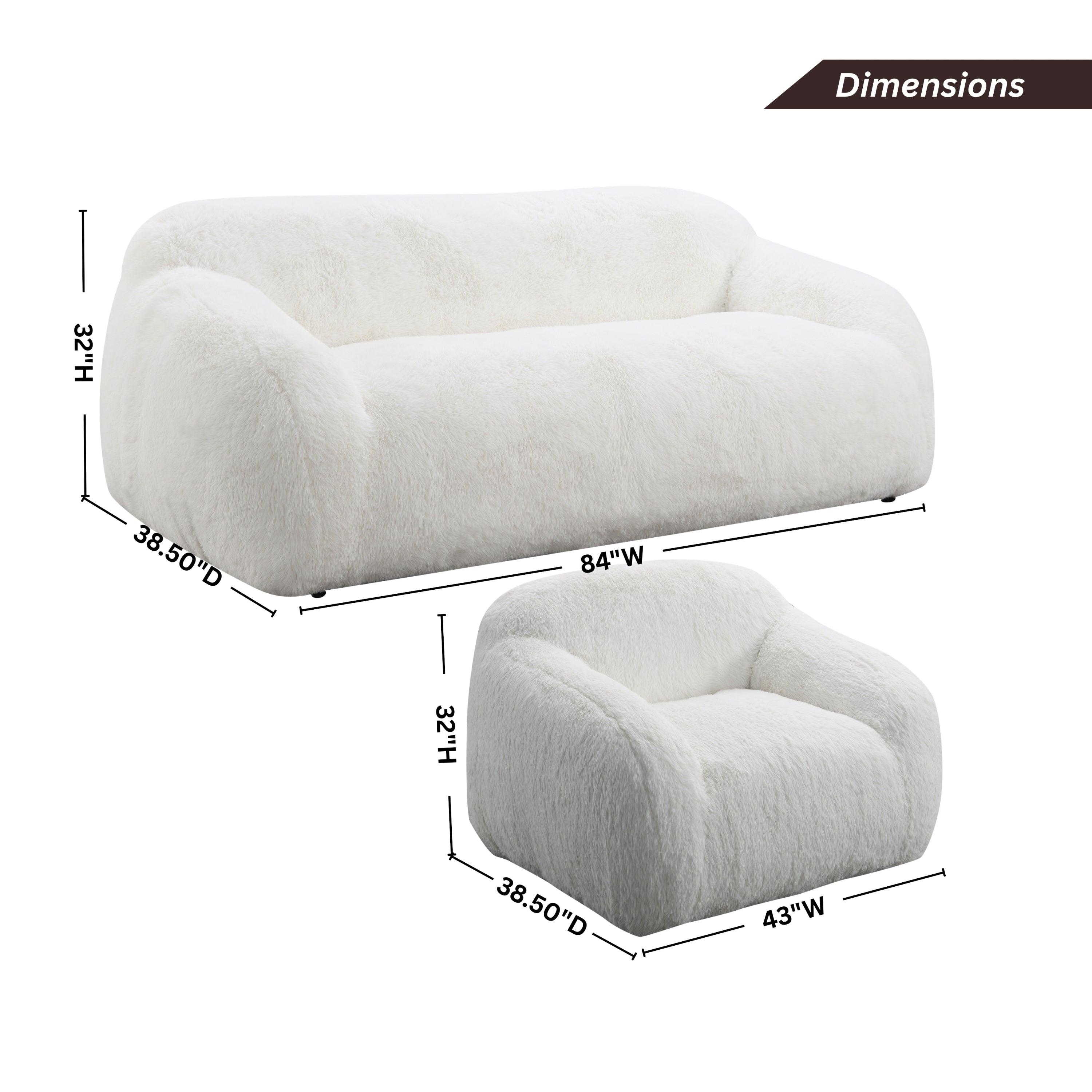 Adell Polar Bear 2-Piece Faux Fur Living Room Set with Sofa &amp; Swivel Cuddle Chair – Ivory White