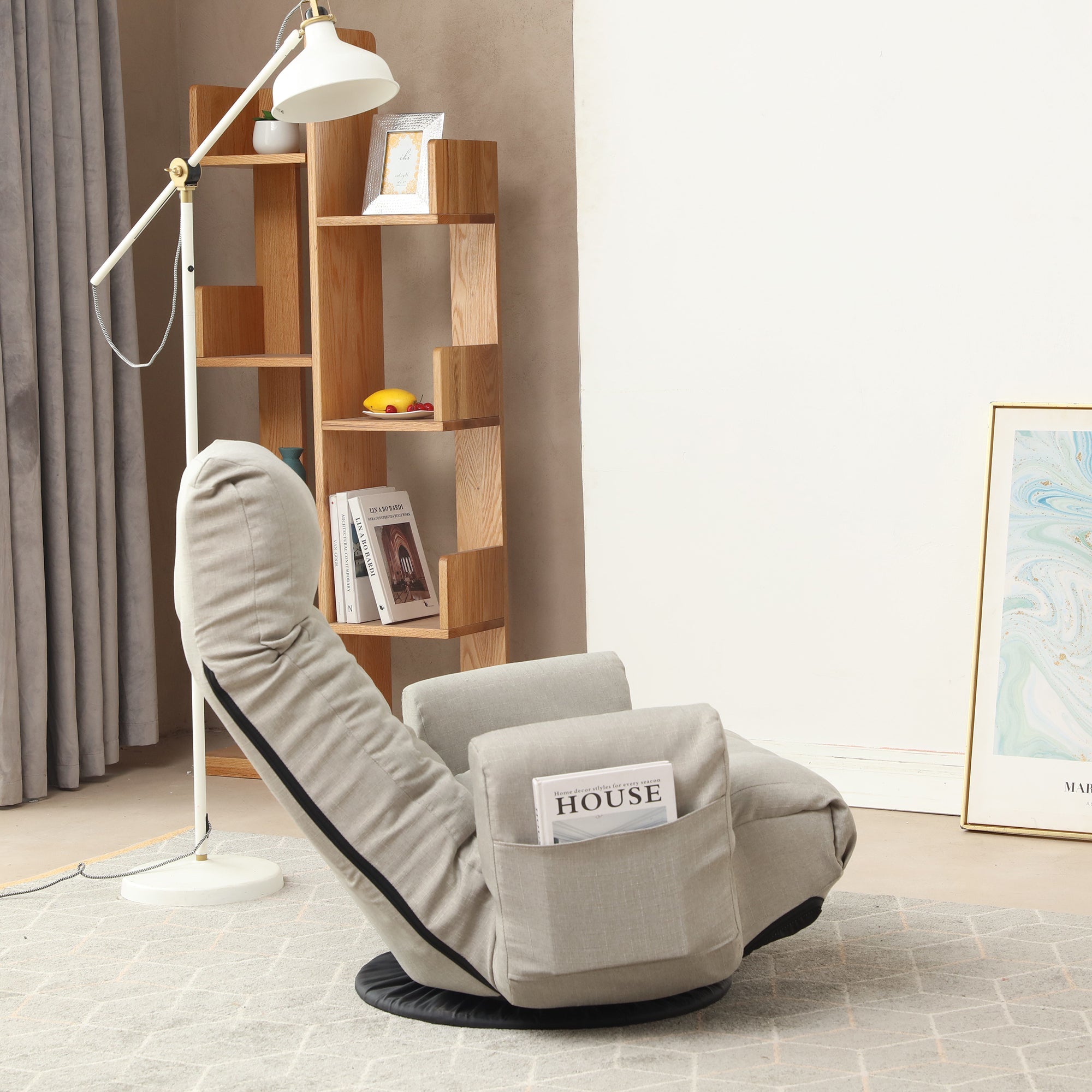 Adjustable Floor Lounge Sofa Chair with Armrests & 360° Swivel Base – Cement Grey