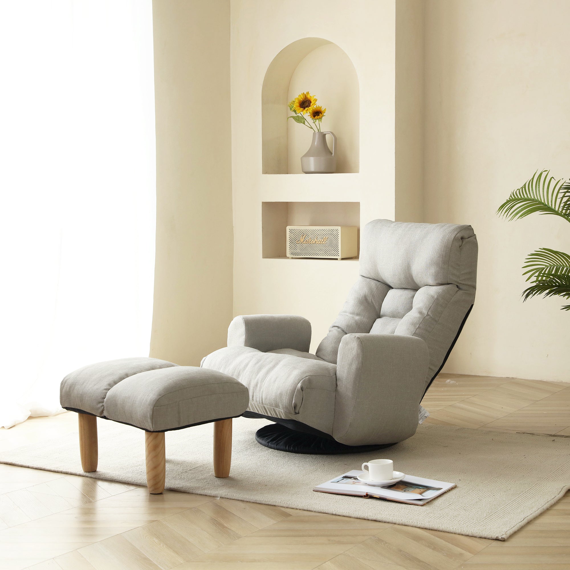 Adjustable Floor Lounge Sofa Chair with Armrests & 360° Swivel Base – Cement Grey