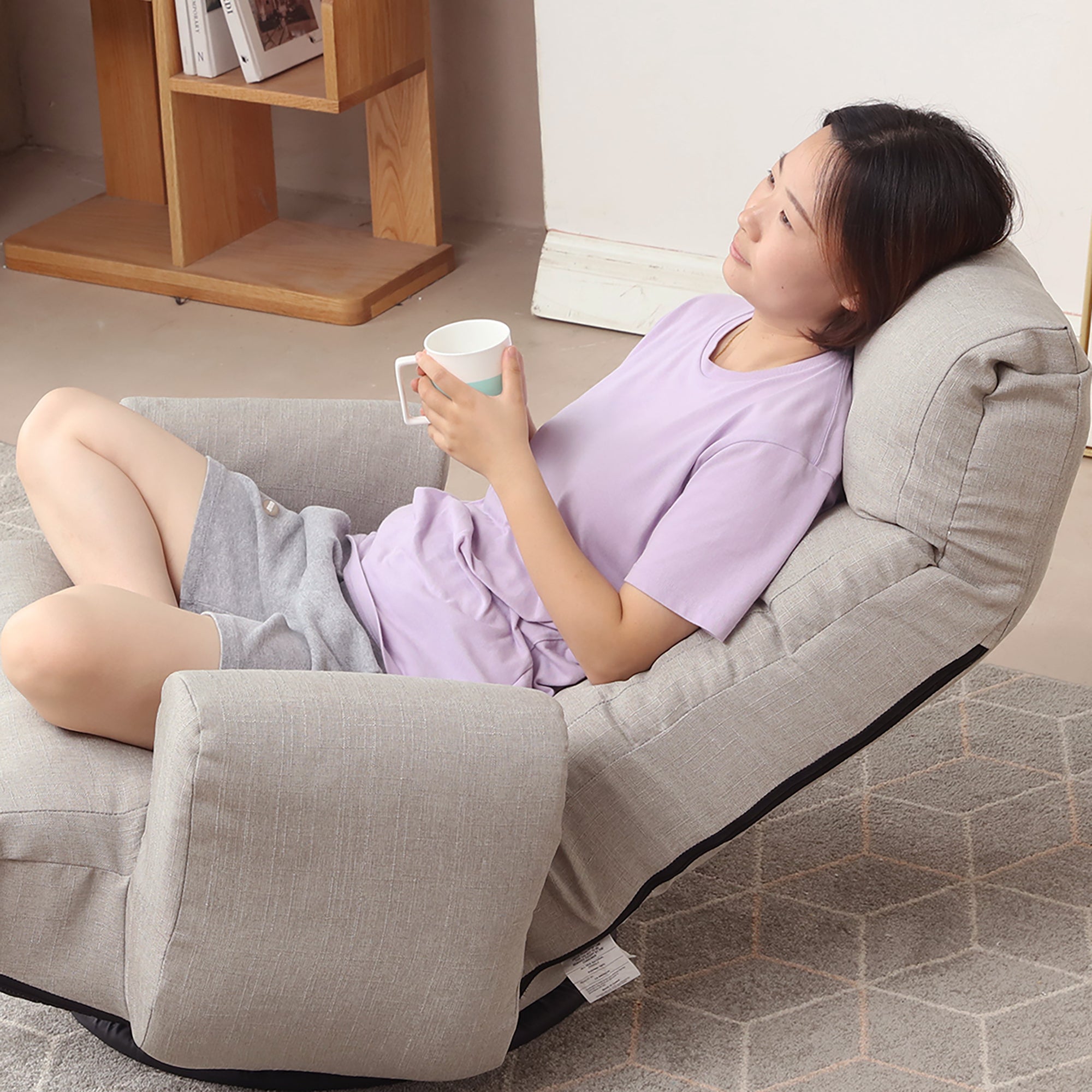 Adjustable Floor Lounge Sofa Chair with Armrests & 360° Swivel Base – Cement Grey