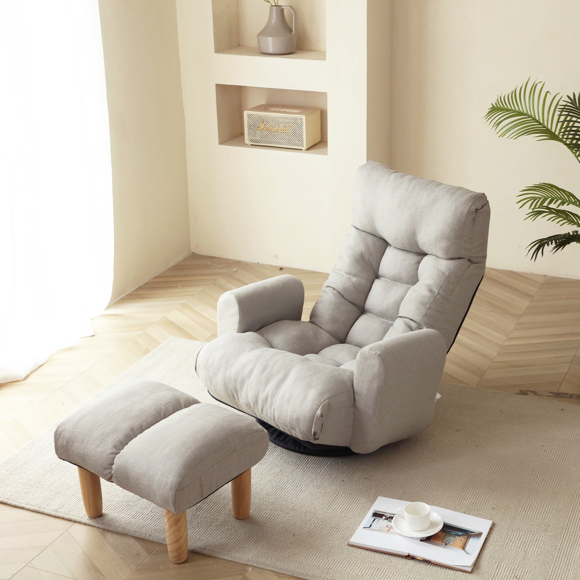 Adjustable Floor Lounge Sofa Chair with Armrests & 360° Swivel Base – Cement Grey