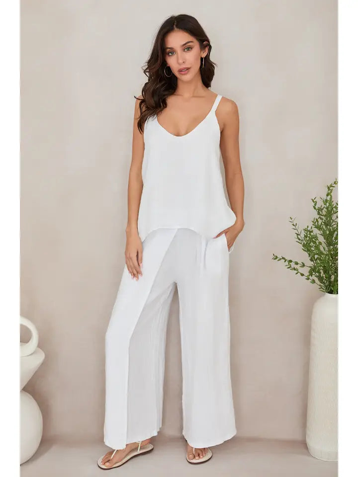 Adjustable Strap Linen Tank Top - White