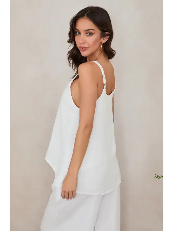 Adjustable Strap Linen Tank Top - White