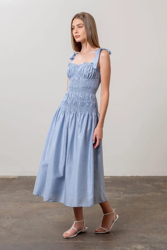 Adjustable Tie Strap Shirred Midi Dress BLUE