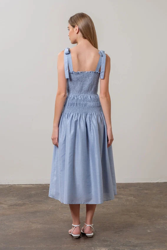 Adjustable Tie Strap Shirred Midi Dress BLUE