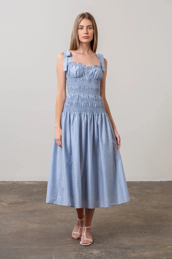 Adjustable Tie Strap Shirred Midi Dress BLUE