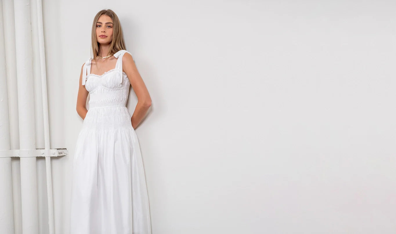Adjustable Tie Strap Shirred Midi Dress WHITE