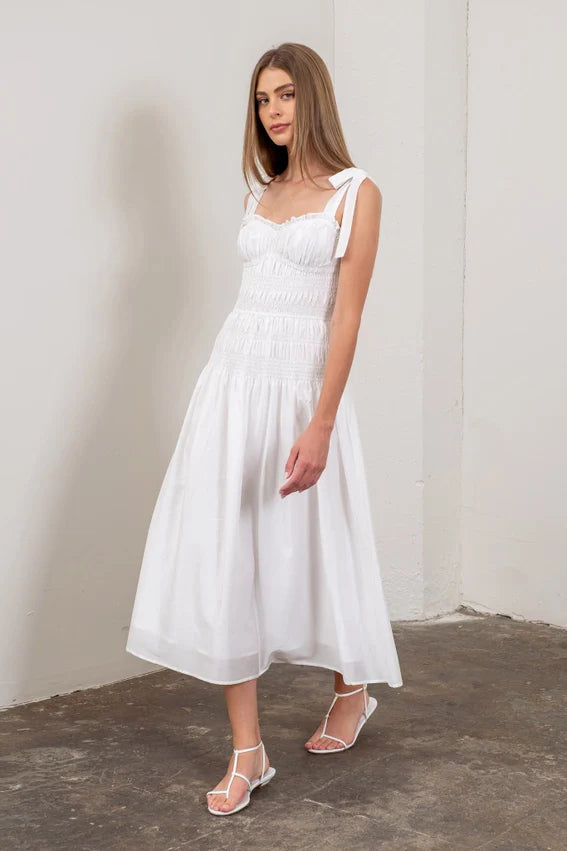 Adjustable Tie Strap Shirred Midi Dress WHITE