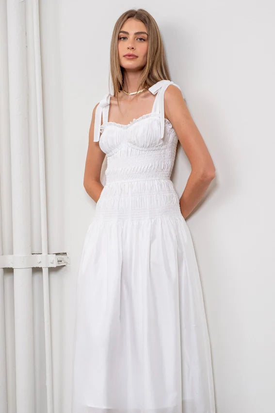 Adjustable Tie Strap Shirred Midi Dress WHITE