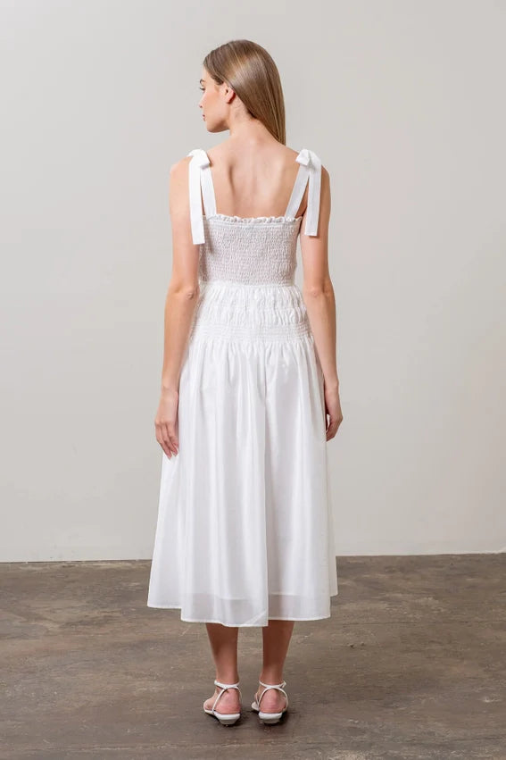 Adjustable Tie Strap Shirred Midi Dress WHITE