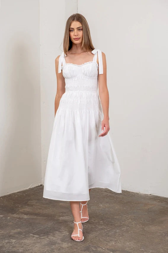 Adjustable Tie Strap Shirred Midi Dress WHITE