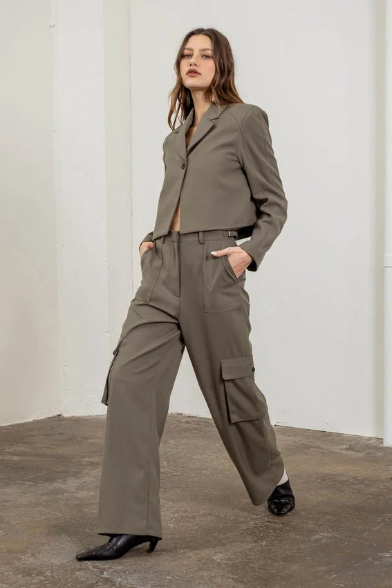 Adjustable Waist Belt Cargo Dress Pants