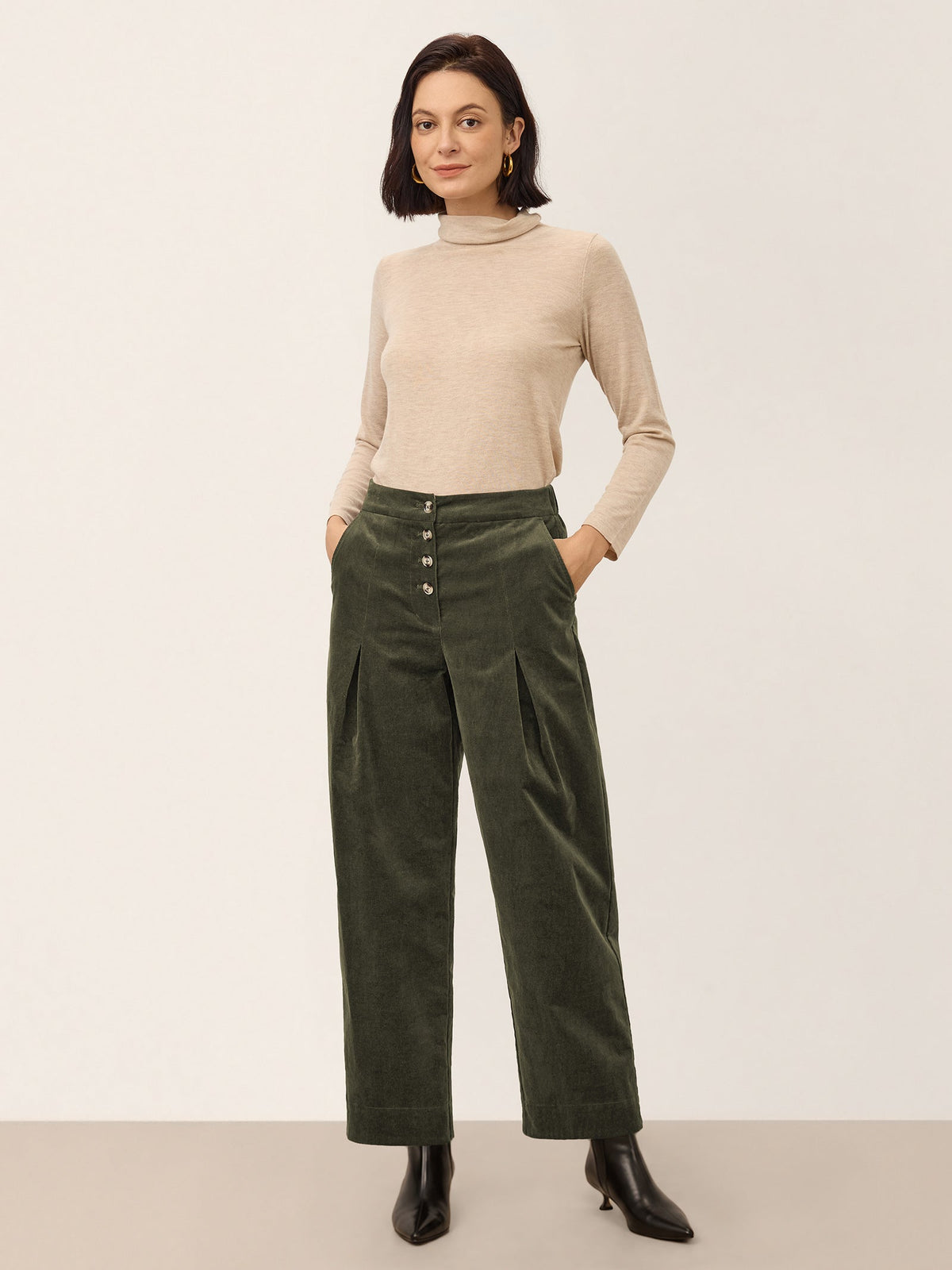 Cotton Lyocell Adjustable Button Mid Waist Tapered Ankle Pants ISOLABEL