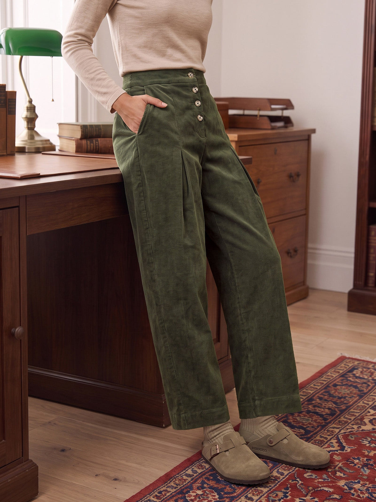 Cotton Lyocell Adjustable Button Mid Waist Tapered Ankle Pants ISOLABEL