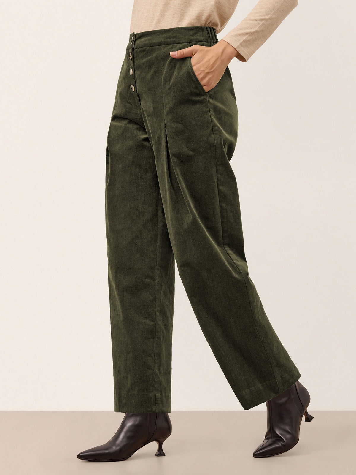 Cotton Lyocell Adjustable Button Mid Waist Tapered Ankle Pants ISOLABEL