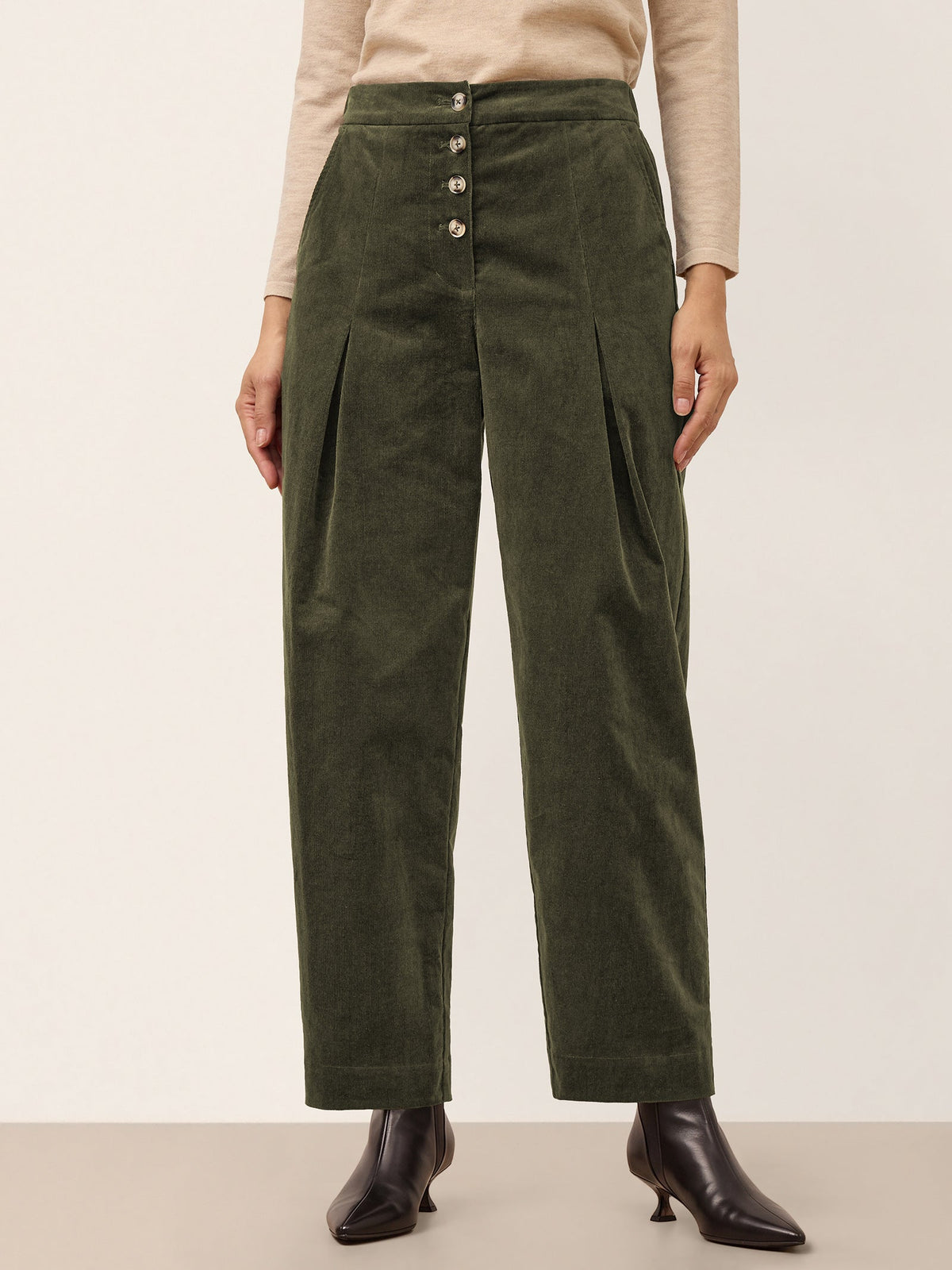 Cotton Lyocell Adjustable Button Mid Waist Tapered Ankle Pants ISOLABEL
