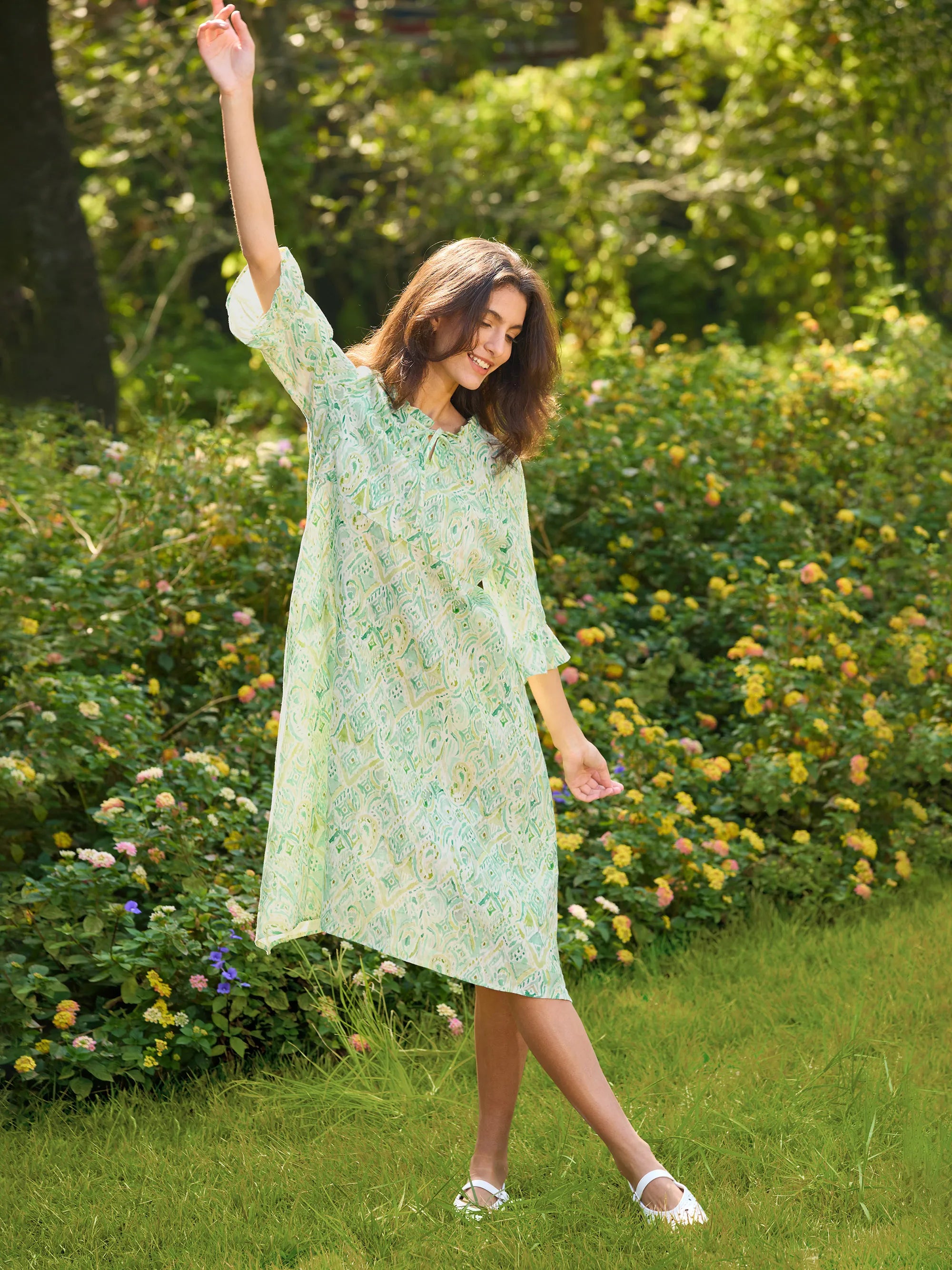 100% Linen A-Line Ruffled Collar Tie-Neck Mini Dress LIVIA