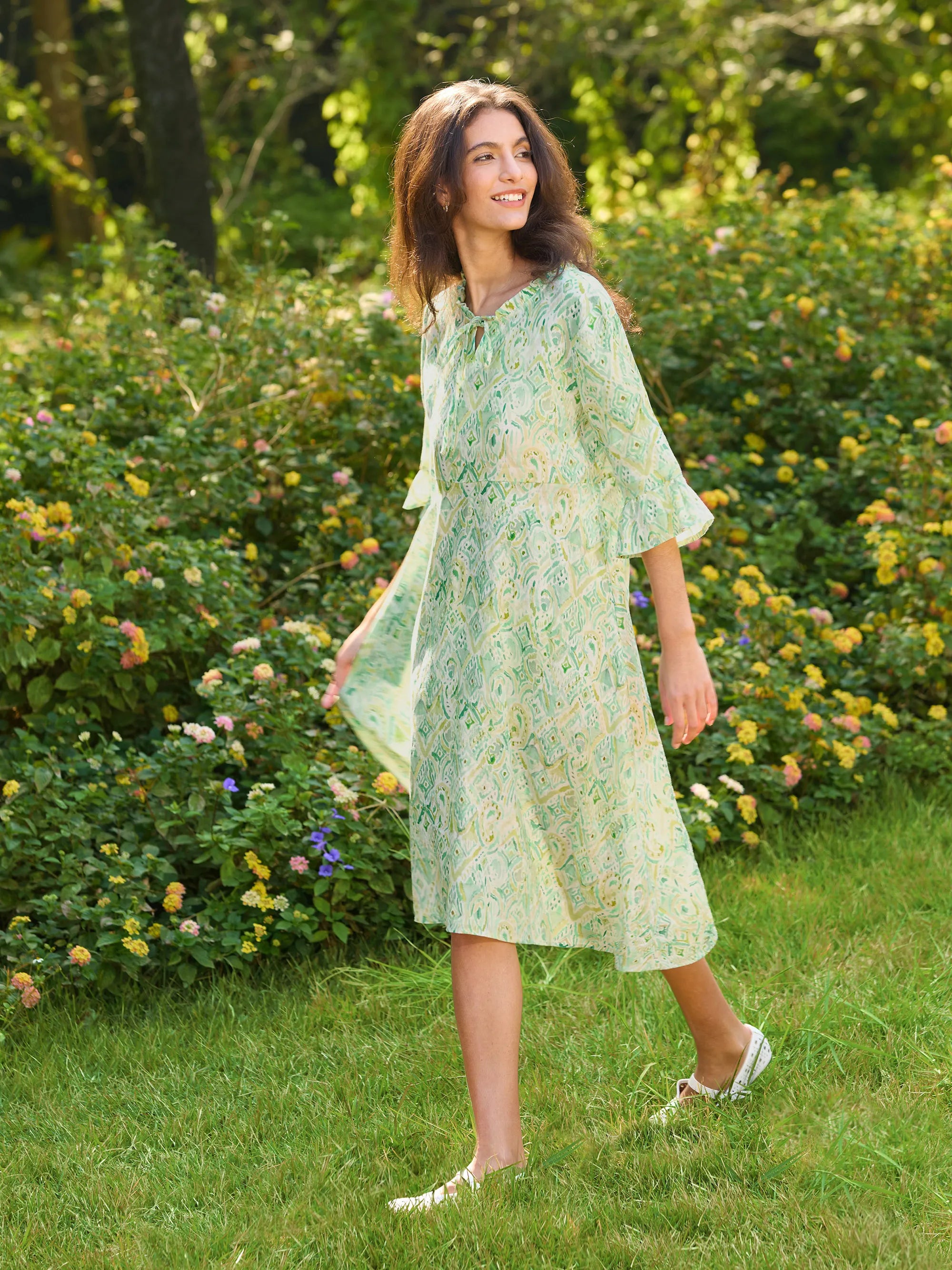 100% Linen A-Line Ruffled Collar Tie-Neck Mini Dress LIVIA
