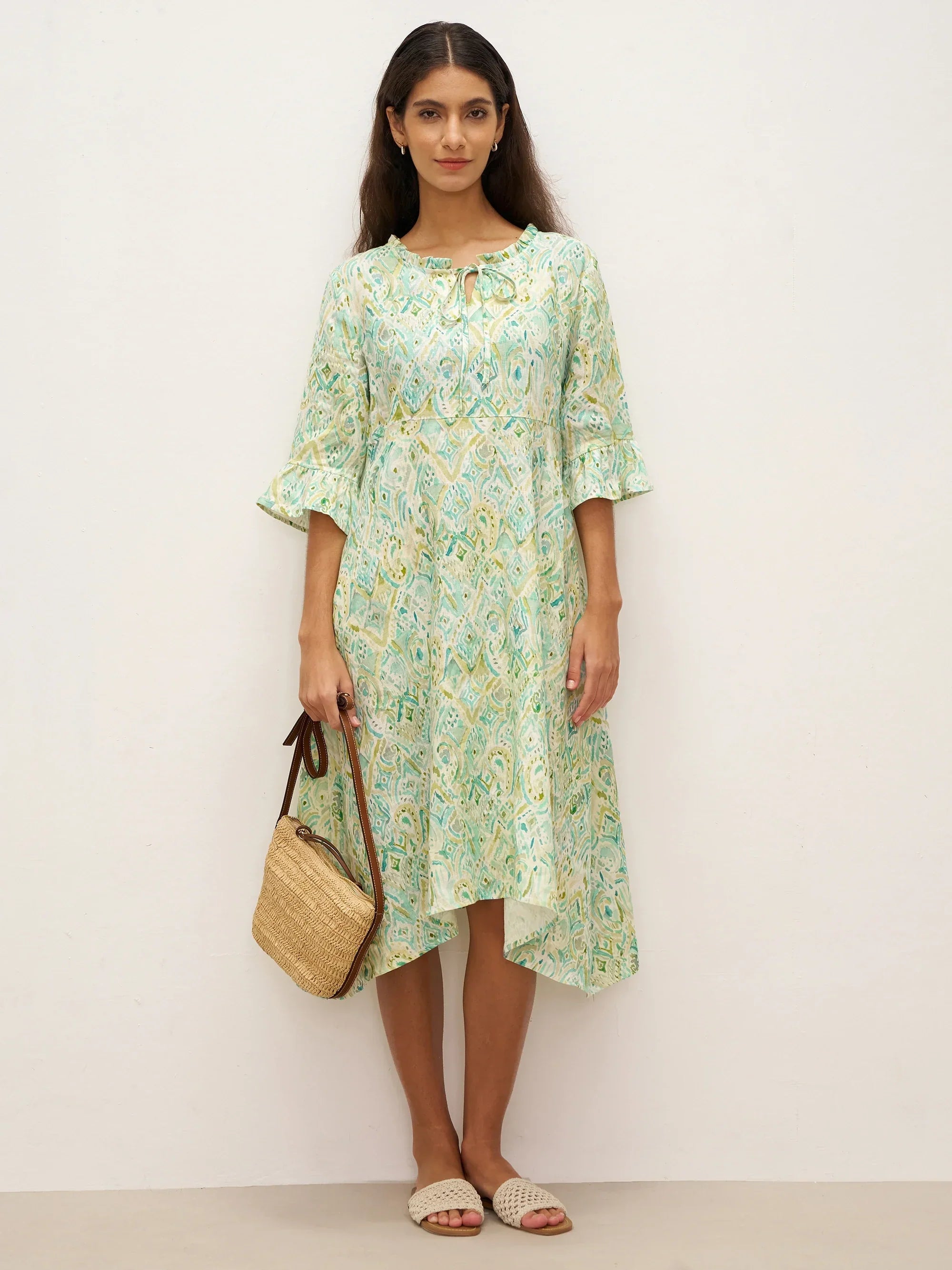 100% Linen A-Line Ruffled Collar Tie-Neck Mini Dress LIVIA