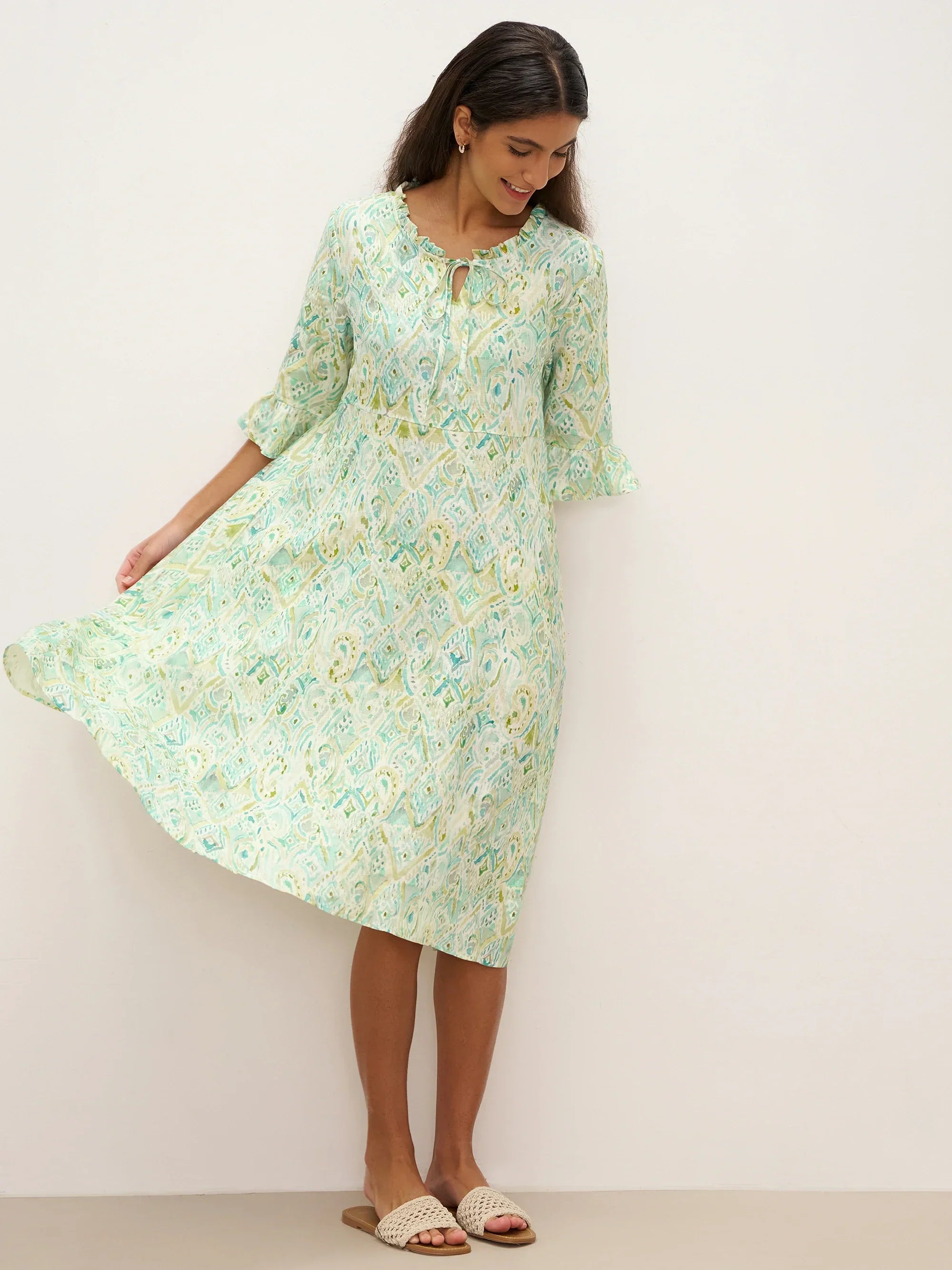 100% Linen A-Line Ruffled Collar Tie-Neck Mini Dress LIVIA