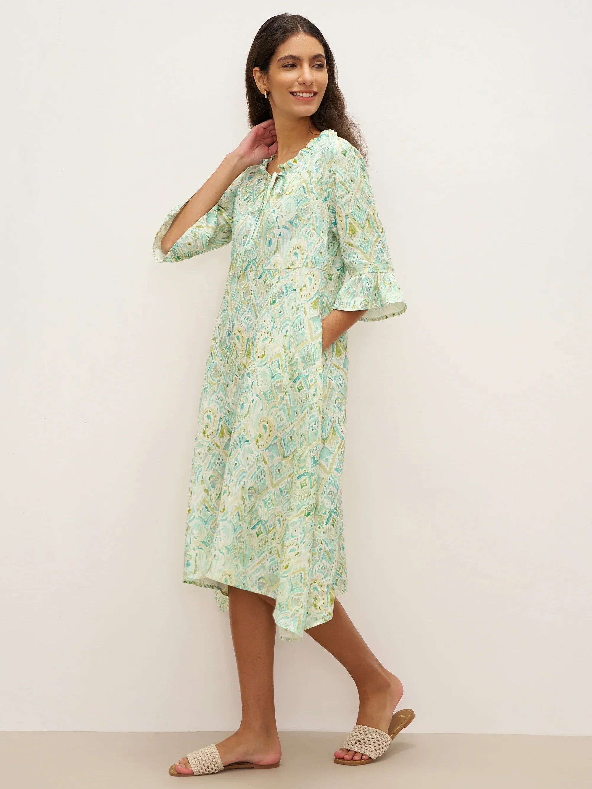 100% Linen A-Line Ruffled Collar Tie-Neck Mini Dress LIVIA