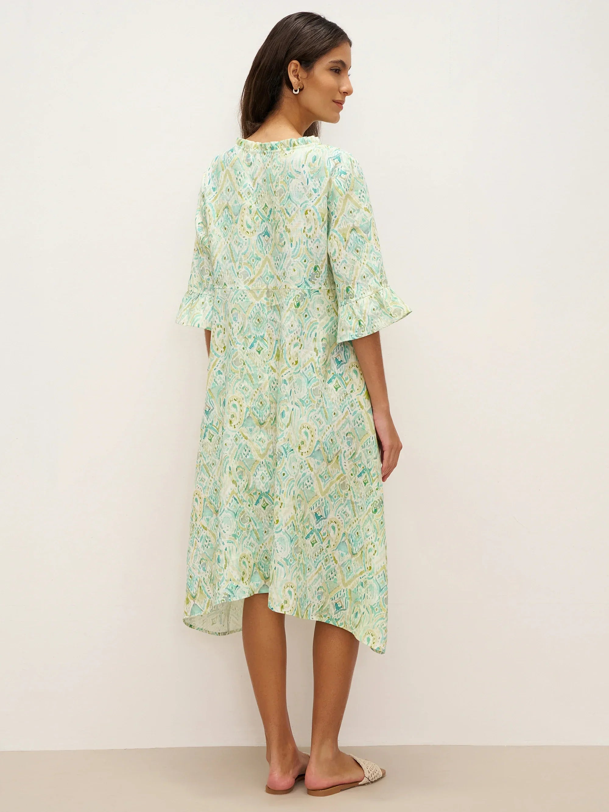 100% Linen A-Line Ruffled Collar Tie-Neck Mini Dress LIVIA