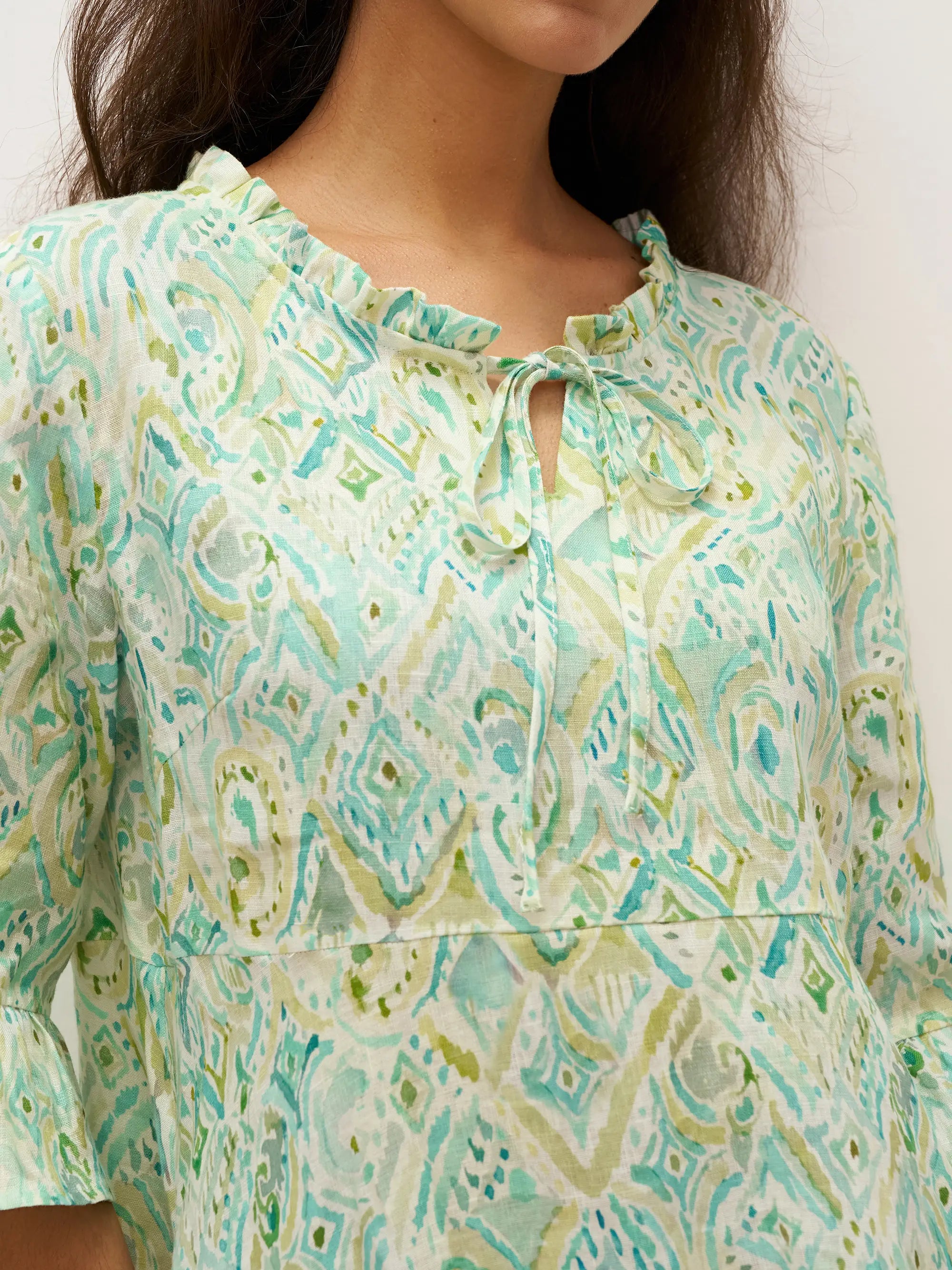 100% Linen A-Line Ruffled Collar Tie-Neck Mini Dress LIVIA