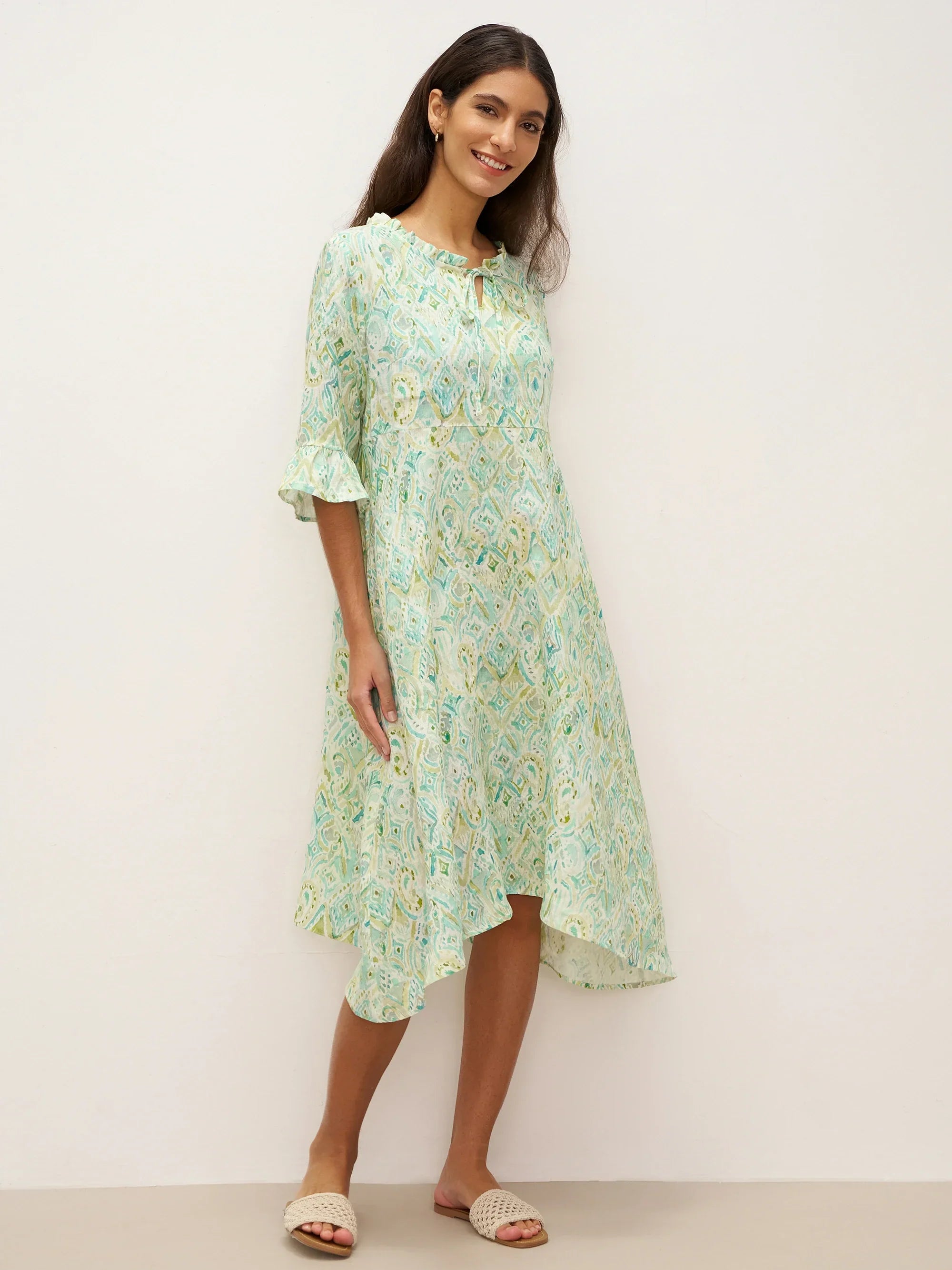 100% Linen A-Line Ruffled Collar Tie-Neck Mini Dress LIVIA