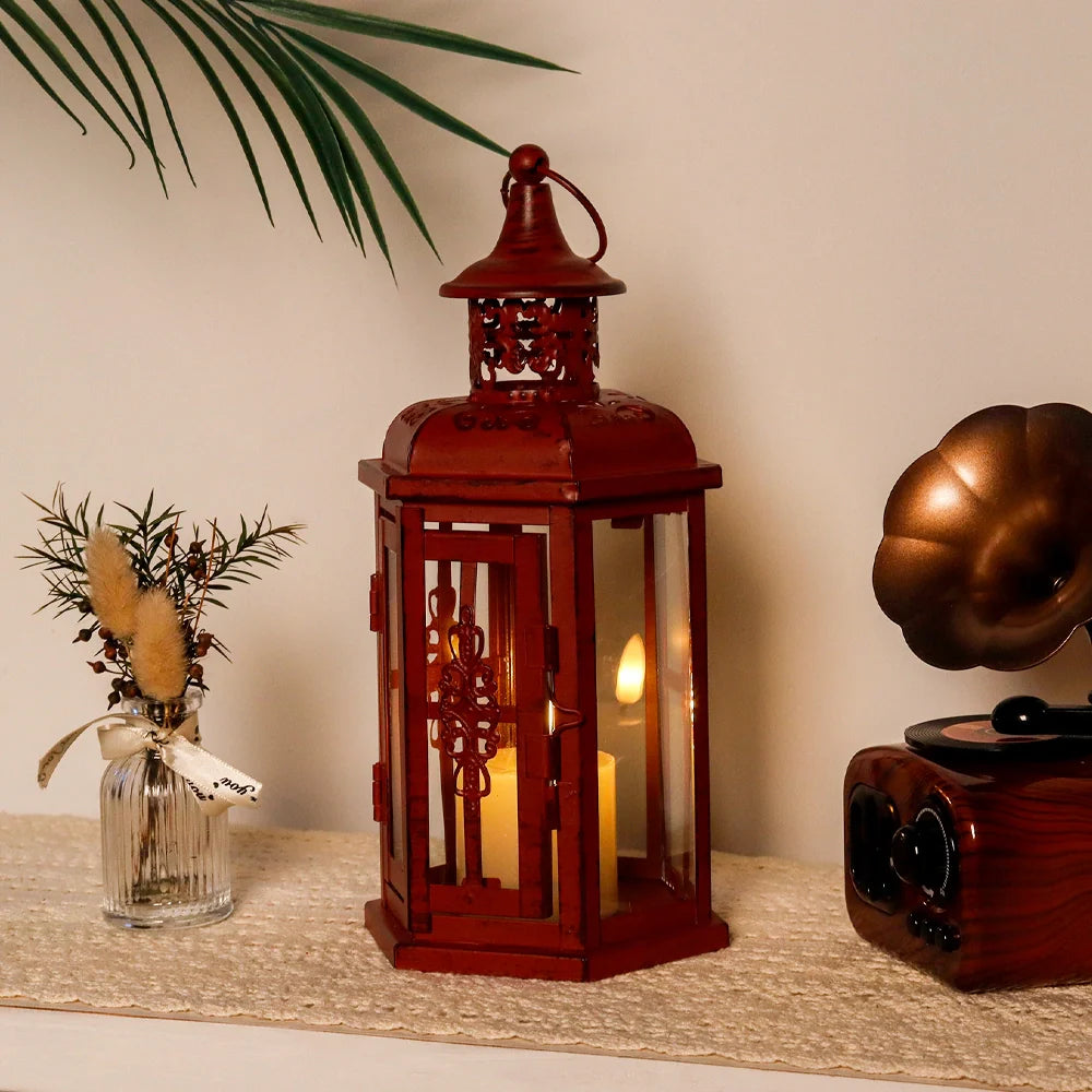 10“H Vintage Hanging Lantern(Red with Black Brush)