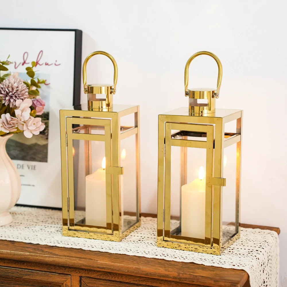 12'' High Metal Candle Holder Outdoor Candle Lantern with Tempered Panels