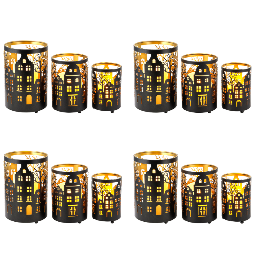 12PCS Village Silhouette Candle Lantern 7.5" H Etched Bronze Metal Candle Holder Decorations for Living Room Tabletop Parties Patio Entryway Indoors Outdoors