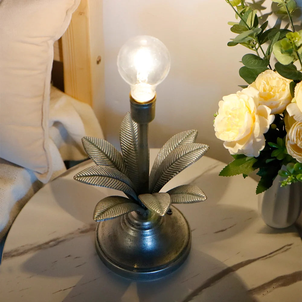 13.5"H Antique Silver Floral Battery Powered Lamp