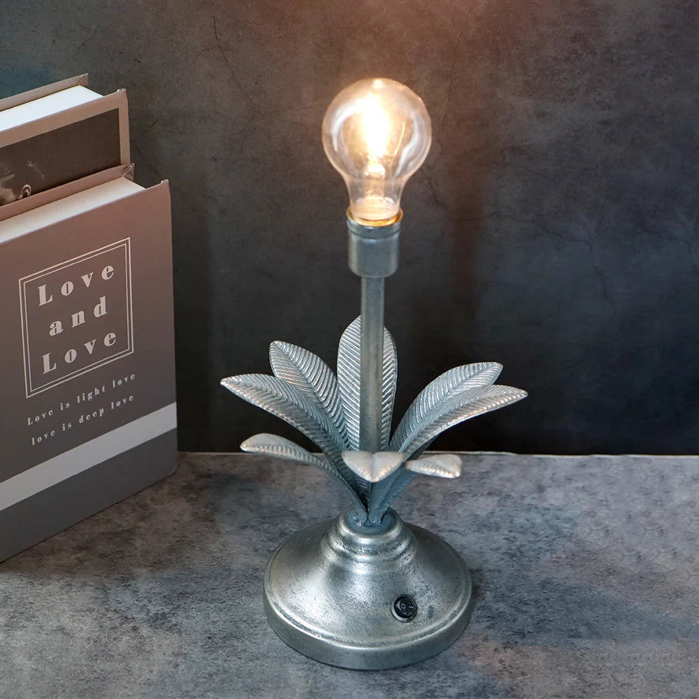 13.5"H Antique Silver Floral Battery Powered Lamp